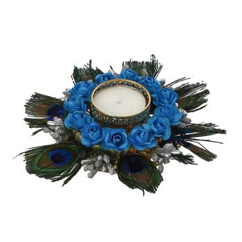 Mor Pankh with Blue Flowers Handcrafted Decorative Tea Light Holder 4