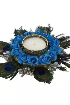 Mor Pankh with Blue Flowers Handcrafted Decorative Tea Light Holder