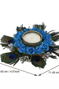 Mor Pankh with Blue Flowers Handcrafted Decorative Tea Light Holder