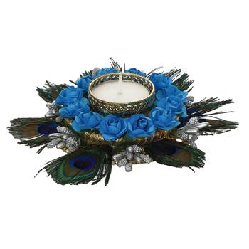 Mor Pankh with Blue Flowers Handcrafted Decorative Tea Light Holder 6
