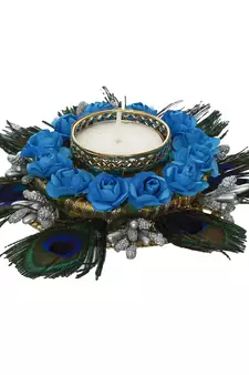 Mor Pankh with Blue Flowers Handcrafted Decorative Tea Light Holder