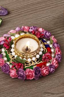Pink and Purple Floral Handcrafted Round Tea Light Holder