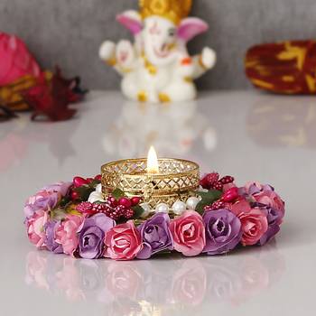 Pink and Purple Floral Handcrafted Round Tea Light Holder 3
