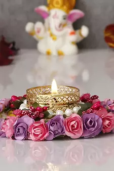 Pink and Purple Floral Handcrafted Round Tea Light Holder