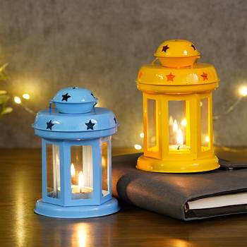 Set of  Blue and Yellow Tea Light Holder Lantern 1