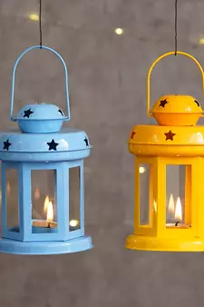 Set of  Blue and Yellow Tea Light Holder Lantern