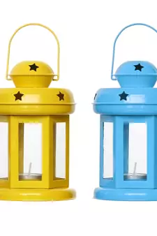 Set of  Blue and Yellow Tea Light Holder Lantern