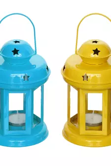 Set of  Blue and Yellow Tea Light Holder Lantern