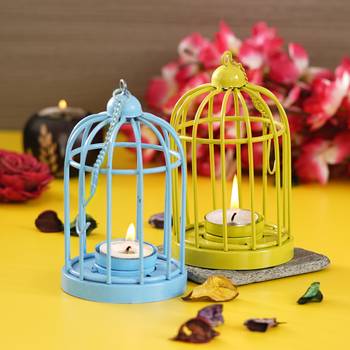 Set of  Blue and Green Cage Tea Light Holder with Hanging Chain 2