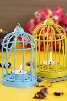 Set of  Blue and Green Cage Tea Light Holder with Hanging Chain