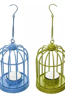 Set of  Blue and Green Cage Tea Light Holder with Hanging Chain