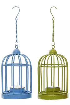 Set of  Blue and Green Cage Tea Light Holder with Hanging Chain