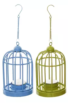 Set of  Blue and Green Cage Tea Light Holder with Hanging Chain