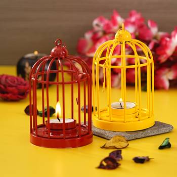 Set of  Red and Yellow Cage Tea Light Holder with Hanging Chain 1
