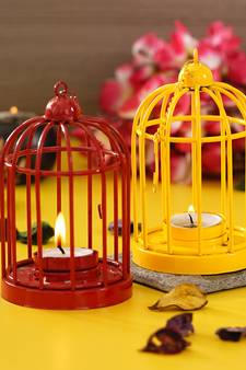 Set of  Red and Yellow Cage Tea Light Holder with Hanging Chain