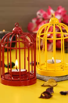 Set of  Red and Yellow Cage Tea Light Holder with Hanging Chain