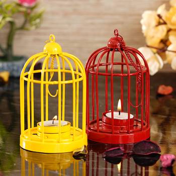 Set of  Red and Yellow Cage Tea Light Holder with Hanging Chain 2