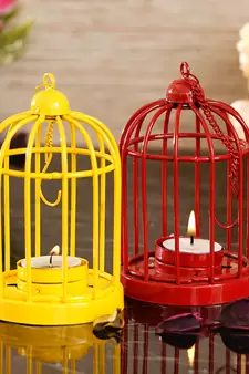 Set of  Red and Yellow Cage Tea Light Holder with Hanging Chain