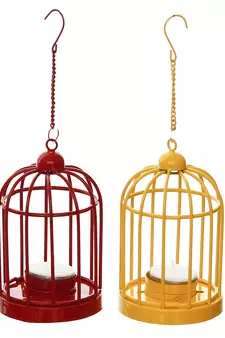 Set of  Red and Yellow Cage Tea Light Holder with Hanging Chain
