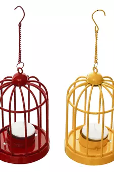 Set of  Red and Yellow Cage Tea Light Holder with Hanging Chain