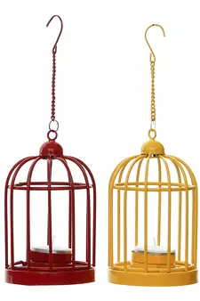 Set of  Red and Yellow Cage Tea Light Holder with Hanging Chain