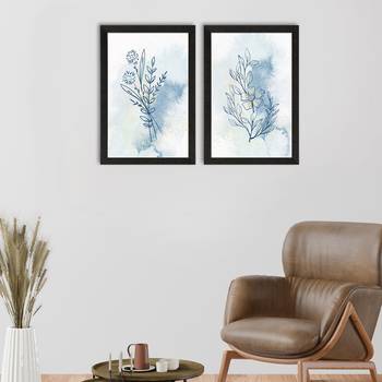 Blue Pastel Natural Leaf Set of  Original Design Satin Matt Texture UV Art Painting 1