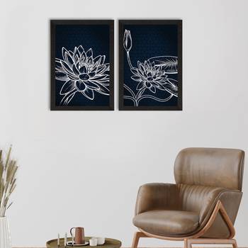 Dark Blue Lotus Line Art Minimalistic Set of  Satin Matt Texture UV Art Painting 1
