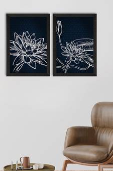Dark Blue Lotus Line Art Minimalistic Set of  Satin Matt Texture UV Art Painting