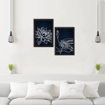 Dark Blue Lotus Line Art Minimalistic Set of  Satin Matt Texture UV Art Painting 2