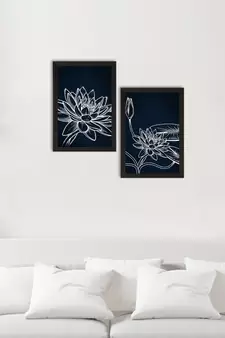 Dark Blue Lotus Line Art Minimalistic Set of  Satin Matt Texture UV Art Painting