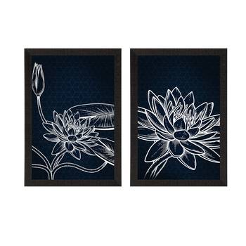 Dark Blue Lotus Line Art Minimalistic Set of  Satin Matt Texture UV Art Painting 3