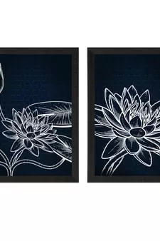Dark Blue Lotus Line Art Minimalistic Set of  Satin Matt Texture UV Art Painting