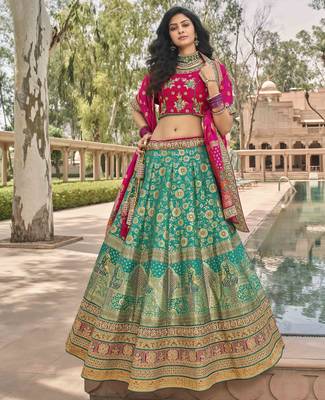 Green embroidered silk semi stitched lehenga 1