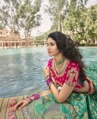 Green embroidered silk semi stitched lehenga 4