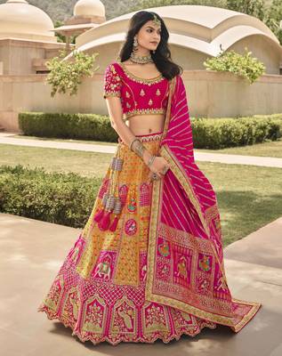 Mustard embroidered silk semi stitched lehenga 1