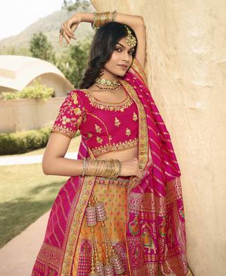 Mustard embroidered silk semi stitched lehenga 2