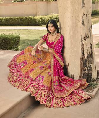 Mustard embroidered silk semi stitched lehenga 3