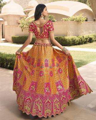 Mustard embroidered silk semi stitched lehenga 4