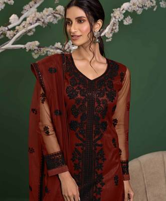 Red embroidered net salwar 3