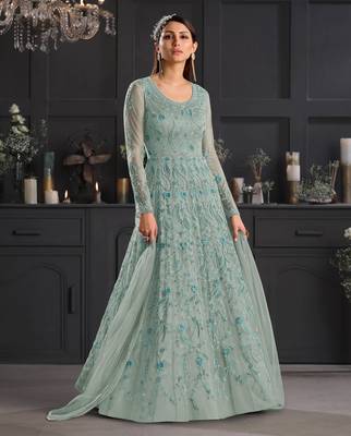 Light-turquoise embroidered net salwar 1