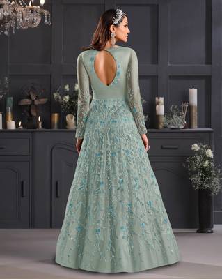 Light-turquoise embroidered net salwar 3