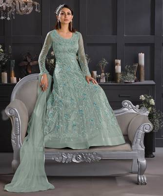 Light-turquoise embroidered net salwar 4