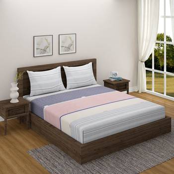 Linear design    Cotton Blend Double Bedsheet with   Pillow Covers  Pink 1