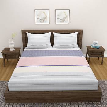 Linear design    Cotton Blend Double Bedsheet with   Pillow Covers  Pink 2