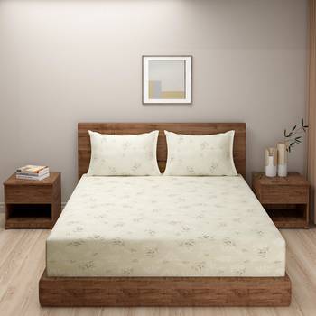 Floral design    Cotton Blend Double Bedsheet with   Pillow Covers  Beige 2