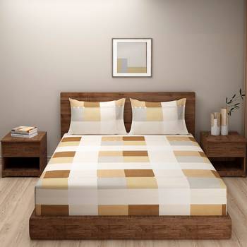 Checked design    Cotton Extra Large Double Bedsheet with   Pillow Covers  Beige 2