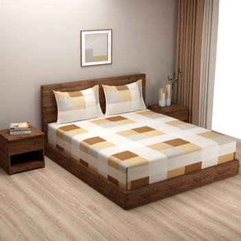 Checked design    Cotton Blend Fitted Double Bedsheet with   Pillow Covers  Beige 1