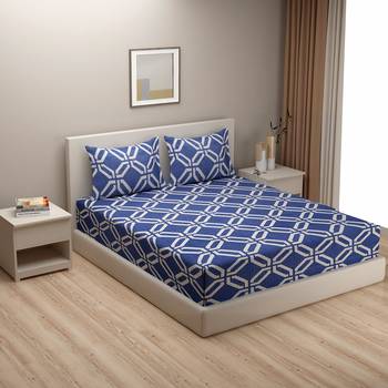 Geometric design    Cotton Extra Large Double Bedsheet with   Pillow Covers  Blue 1