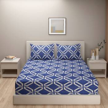 Geometric design    Cotton Extra Large Double Bedsheet with   Pillow Covers  Blue 2