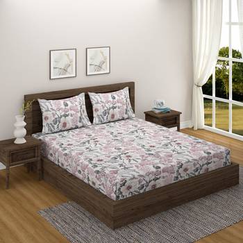 Floral design    Cotton Blend Double Bedsheet with   Pillow Covers  Pink 1